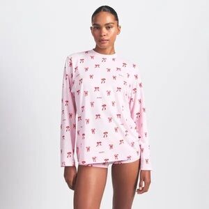 Skims Boyfriend Long Sleeve Tshirt in Cherry Blossom Candy Bow